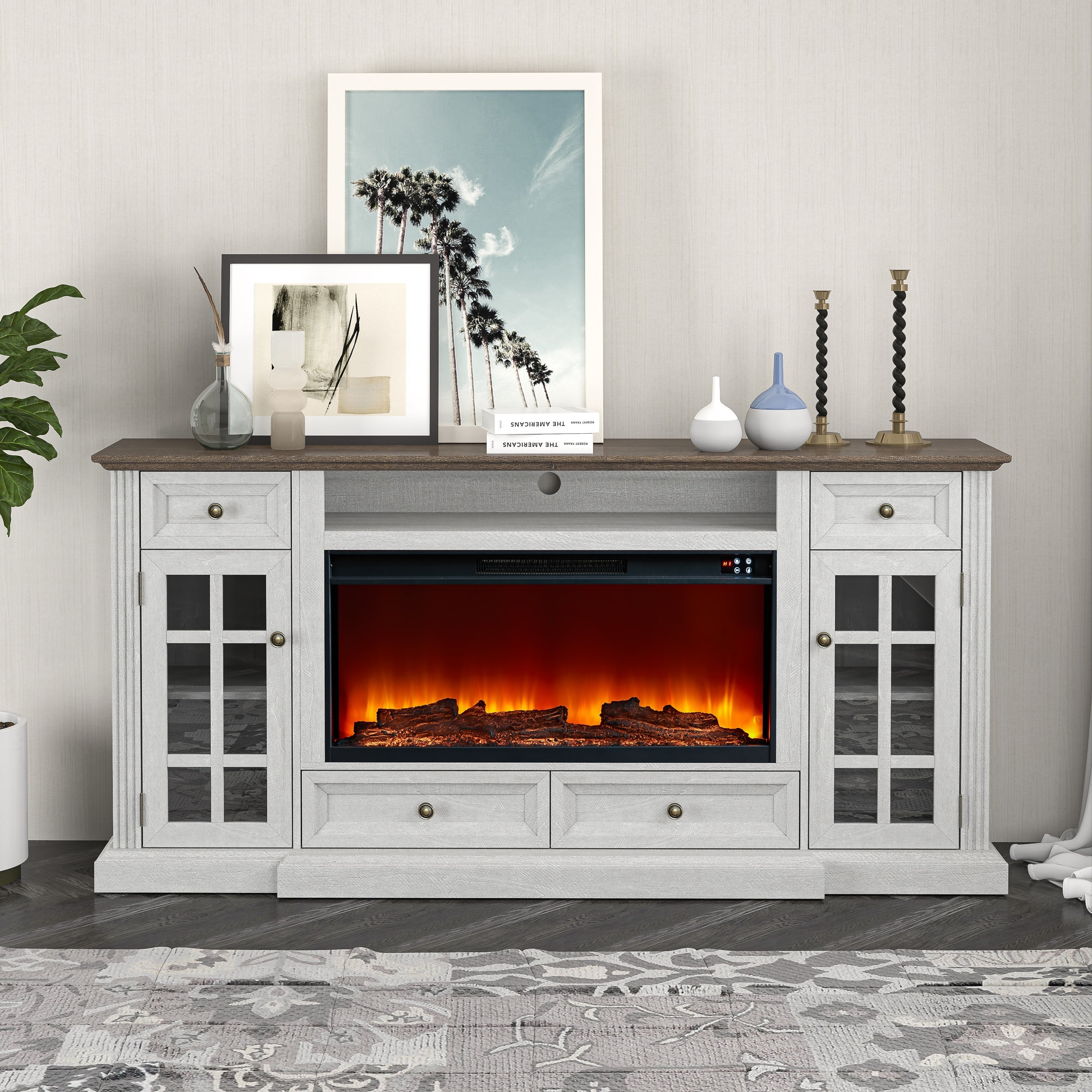 FTS24276 73" TV Stand with 36" Electric Fireplace-OffWhite