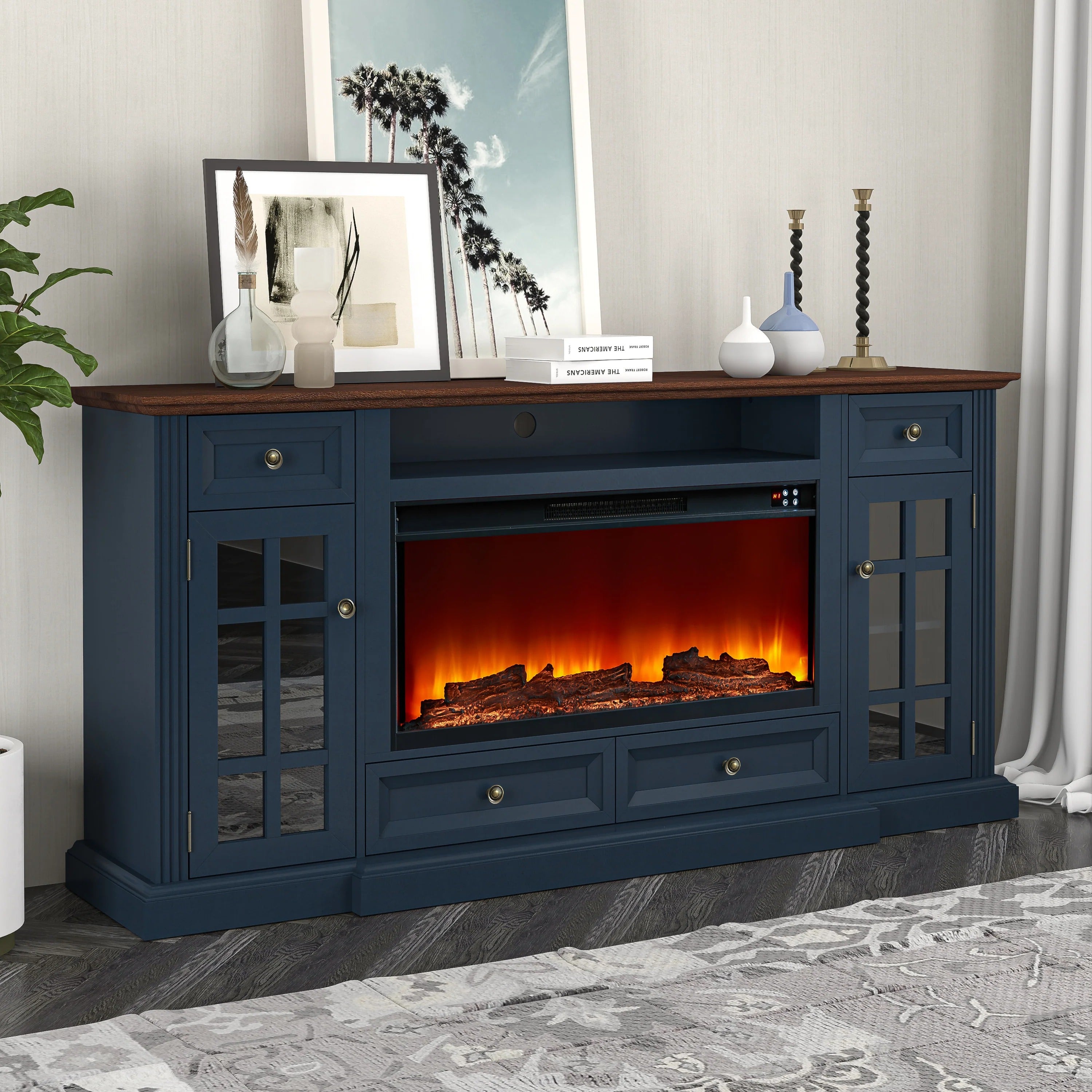 FTS24275 73" TV Stand with 36" Electric Fireplace-Navy