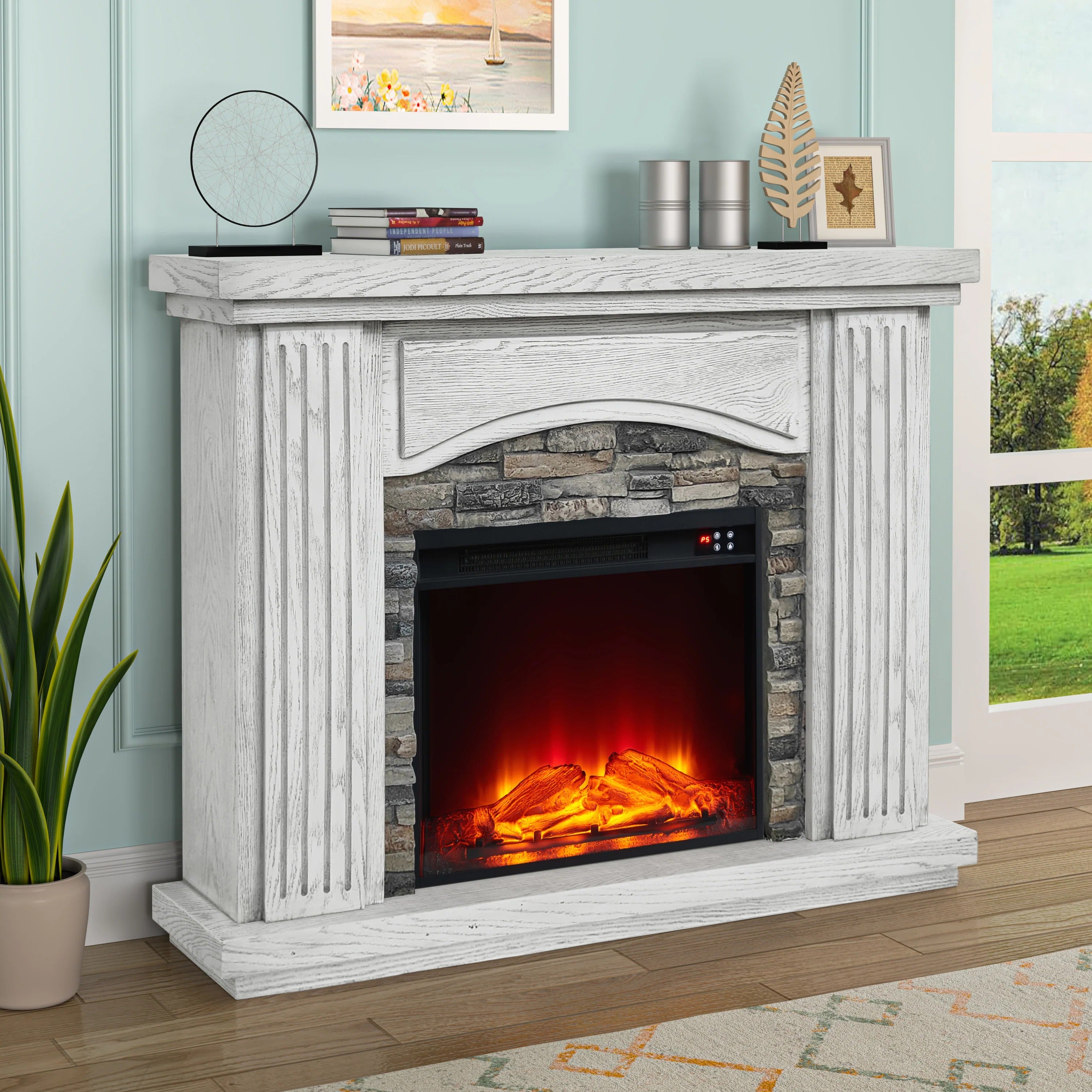 FFP22196 48" Electric Fireplace Mantel with Faux Brick-White