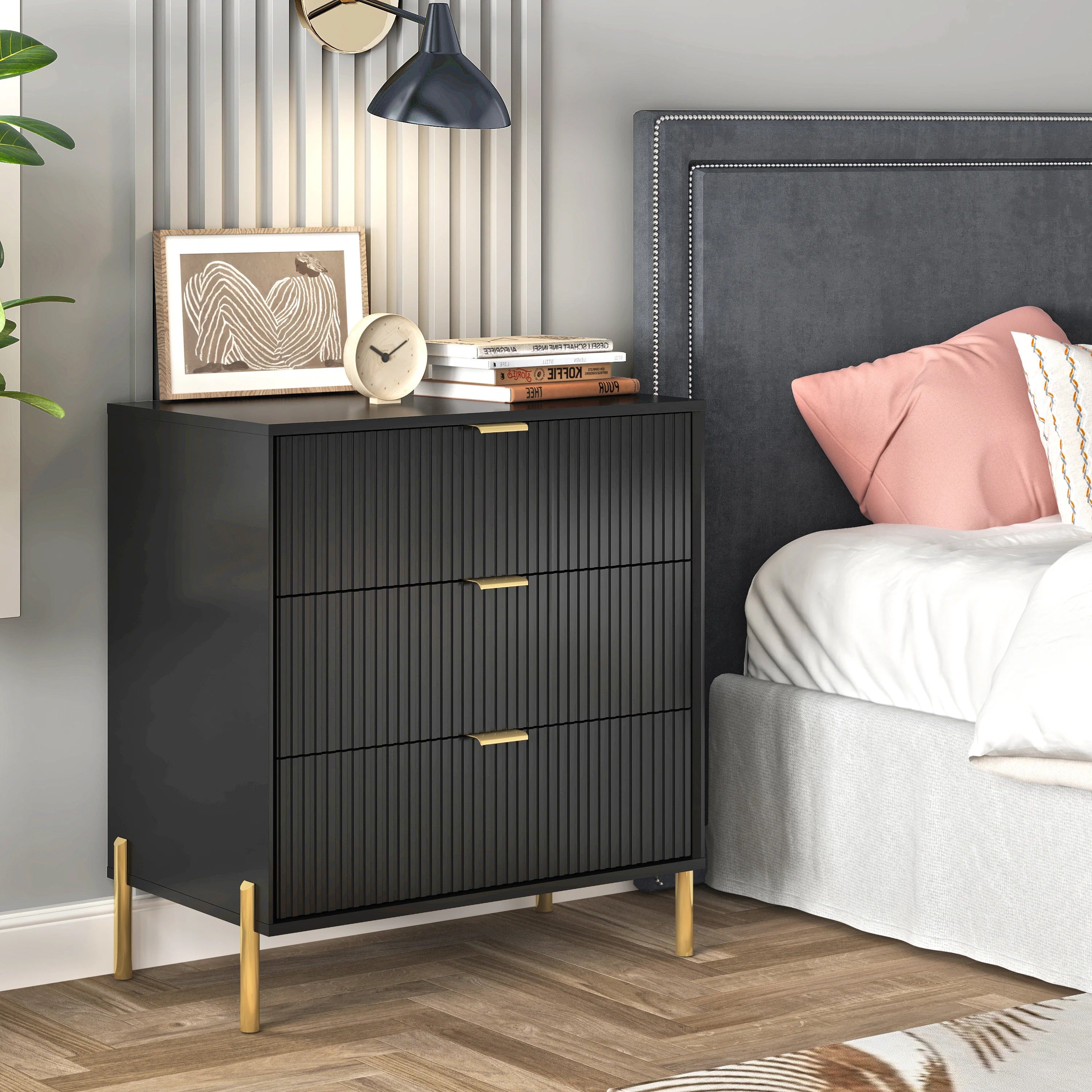 FNS23115 28" Bedroom Nightstands with 3 Drawers-Black