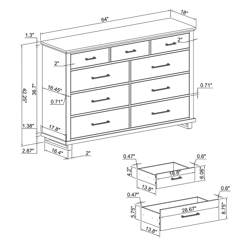 FDR22222 64" Bedroom Dresser with 9 Drawers-White