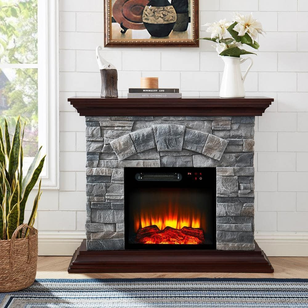 FFP21234 40" Electric Fireplace Mantel with Faux Brick-Grey