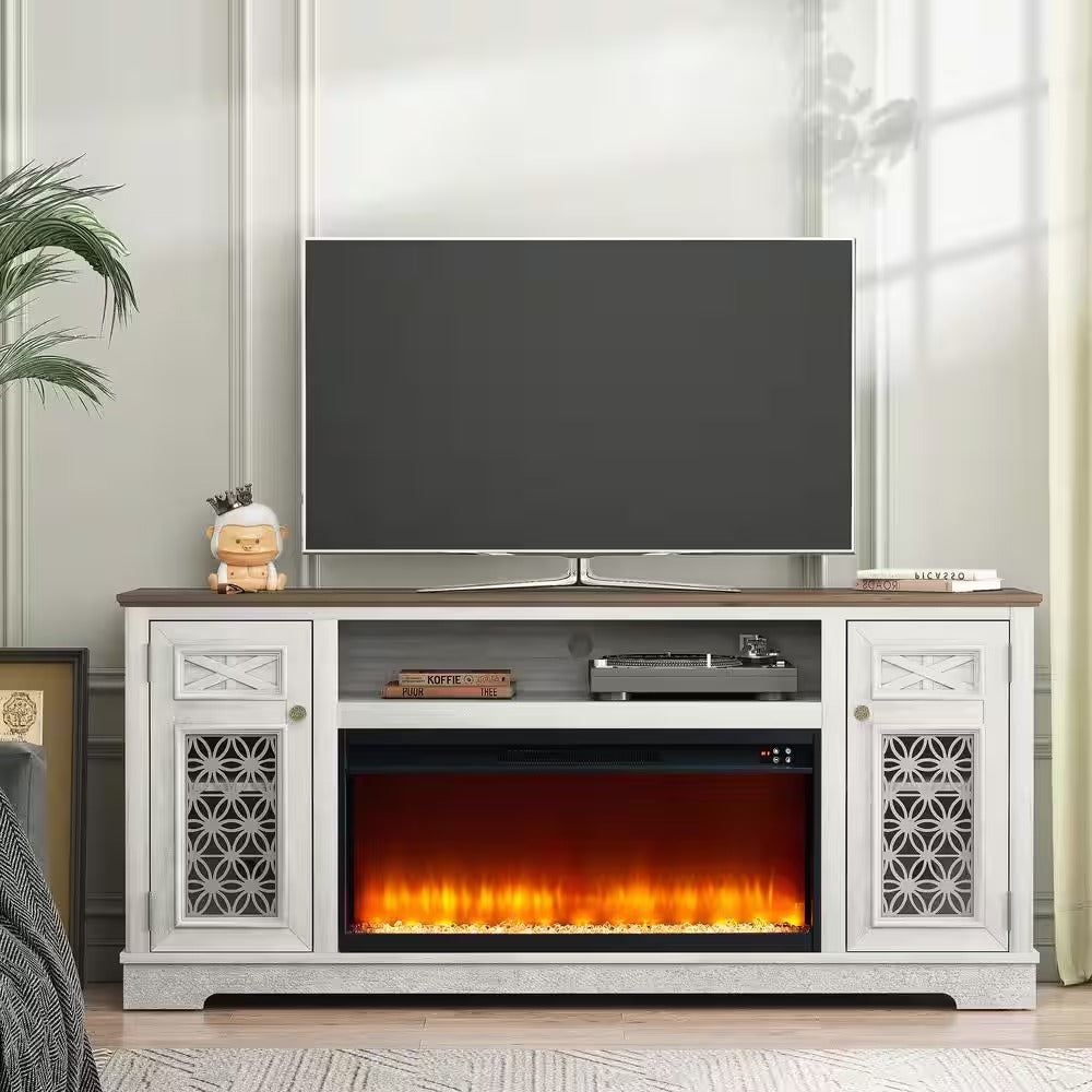 FTS24272 70" TV Stand with 36" Electric Fireplace-OffWhite